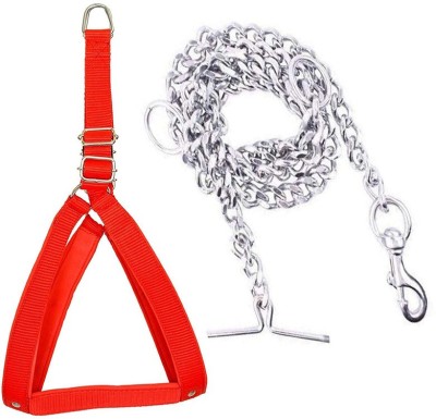 Puppy buddy Combo Padded 0.75 inch Chest Belt Harness & 12 no. Dog Chain for Puppy Small in Red color Dog Harness & Chain(Small, Red, Silver)