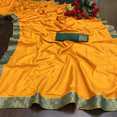 Dhruti Creation Solid/Plain Bollywood Silk Blend Saree(Mustard)