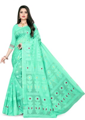 Wow Fab Woven Jamdani Pure Cotton Saree(Light Green)