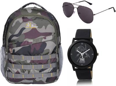 blubags Fabric 30 LTR Level 3 Laptop Bag/School Bag+Analogue Pubg Black DIAL Watch+Aviator Black 30 L Laptop Backpack