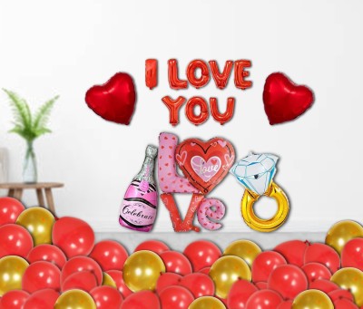 BestDeal247 Printed LOVE Decorations kit - I LOVE YOU Foil Banner RED, Red and Gold Metallic Balloons Printed Love Set Foil Balloons Ring Foil Balloon, Ring foil Balloon Combo - (Pack of 46) Letter Balloon(Pink, Pack of 46)