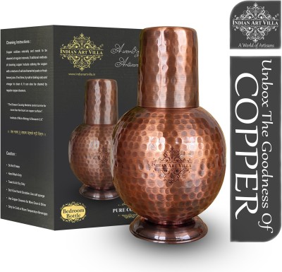 IndianArtVilla Pure Copper Bedroom Water Bottle With Inbuilt Glass & Antique Surahi Design 750 ml Bottle(Pack of 1, Copper, Brown, Copper)