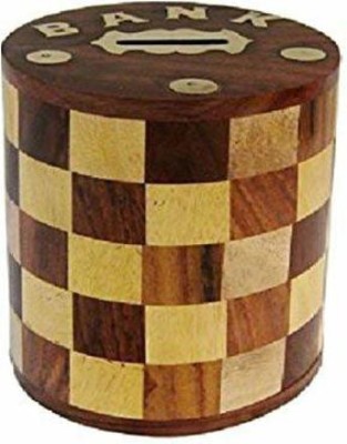 S.I Creation Craft Handcrafted Antique Chess Pattern Cylindrical Wooden Money Bank | Coin Saving Box Piggy Bank 5-inch (Yellow, Brown) Coin Bank(Brown)