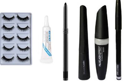 klaty 5 Pair False Eyelashes, with Glue and 3in1 Mascara,Eyeliner,Eyebrow Pencil & Kajal(10 Items in the set)