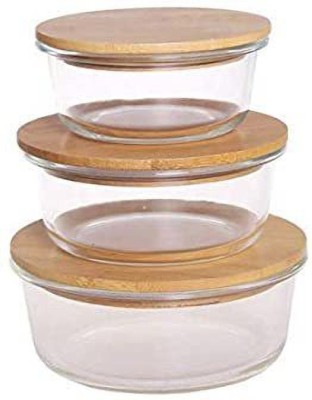 Masox Store Food Storage Containers with Lid Oven Safe Glass Container for Rice, Pasta, Meal, Cereal, Dough and Fruits, Set of 3 (Wooden lid round lunch box) - 320 ml, 520 ml, 800 ml Glass Grocery Container(Pack of 3, Clear)
