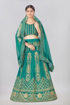 Yozty Enterprise Embroidered Semi Stitched Lehenga Choli(Green)