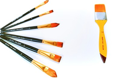 Jyotiretail PAINTING BRUSH MIX SET OF FLAT AND OVAL BRUSHES WITH A WASH BRUSH // SET OF 7 BRUSHES PACKAGE// BEST FOR FLOWERS, LANDSCAPES AND BIG PAINTINGS//HANDMADE BRUSHES WITH TAKLON/SYNTHETIC HAIRS//100% INDIAN(Set of 7, Black, Yellow- Brown)