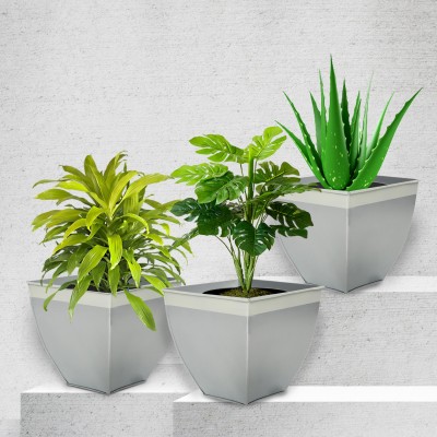 Patio by Bathla MYLA Metal Square Planters / Pots for Garden / Balcony | Medium – Ash Grey & White - Set of 3 Plant Container Set(Pack of 3, Metal)