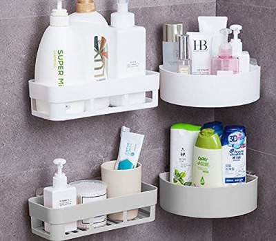 KRONIC Multipurpose Kitchen & Bathroom Wall Holder Storage Rack With Strong Adhesive Magic Sticker,Plastic Bathroom Shower Caddy- white Plastic Bathroom Set(Pack of 4)