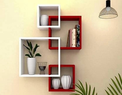 TFS Wall Mount Intersecting Wall Shelves Set of 4 MDF (Medium Density Fiber) Wall Shelf MDF (Medium Density Fiber) Wall Shelf(Number of Shelves - 4, White, Red)