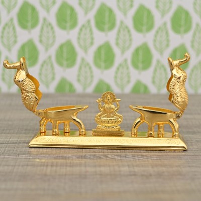 Craftam Golden Plated Laxmi Maa With Double Elephant Roli Chawal Storage Box Decorative Showpiece  -  6 cm(Metal, Gold)