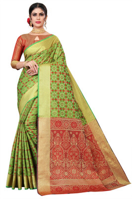 INDI FASHION Woven Banarasi Cotton Silk Saree(Green)