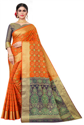 FINE WEAR Self Design Banarasi Cotton Silk Saree(Orange)