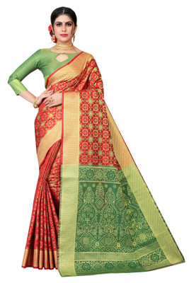 INDI FASHION Woven Banarasi Cotton Silk Saree(Green)