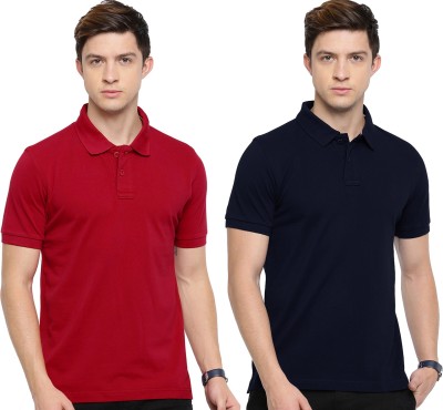 Semantic Solid Men Polo Neck Red, Blue T-Shirt