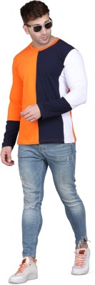 LEMMIK Colorblock Men Round Neck Dark Blue, White, Orange T-Shirt