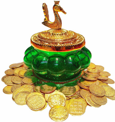 JDS PUJA ARTICLES kubera pot with lakhshmi kubera yantra 108 Gold plated pooja coins Copper Yantra(Pack of 1)