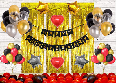 Dinipropz Happy Anniversary Decoration Combo Set Black Gold theme Curtains Star Balloons(Set of 71)