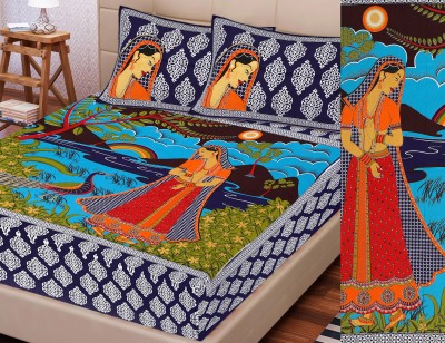 E-Wish Box 181 TC Cotton Queen Jaipuri Prints Flat Bedsheet(Pack of 1, Blue)