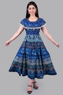 Drashti Textiles Women Maxi Blue, White Full Length Dress