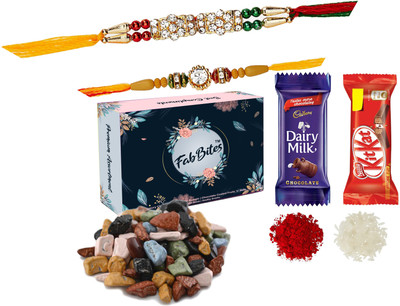 FabBites 100 gram stone chocolate , dairy milk and kitkat with 2 rakhi ,roli and chawal Combo(1 Pack Of Chocolate-2 Rakhi-1 Chawal-1 Tilak)
