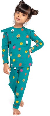 Ventra Kids Nightwear Girls Floral Print Cotton Blend(Green Pack of 1)