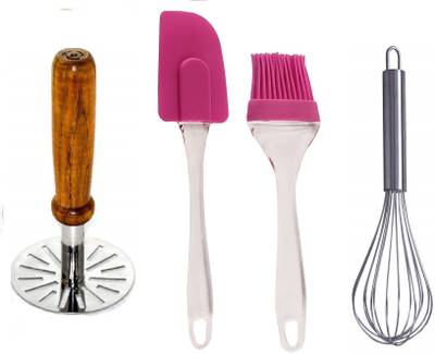 Sampoorna Smart Kitchen Wooden Handle Potato Masher for Mash the Potato Pratha Rice Fruit Pav Bhaji Masher Crusher | Pau Bhaji Masher Stainless Steel Masher Best Potato Masher for Kitchen uses Backing Tool Oiling Brush Baking Spatula Reusable Kitchen Set for Cooking Cake Mixer Grilling Silicon Brush Spatula Brush Set Egg Beater Milkshake Coffee Beater Whisker Whisk Combo Whisker Combo Blender Power Free Hand Blender Wooden Handle Potato Masher for Mash the Potatos, Vegetables, Pav Bhaji | Masher Whisk and Spatula | Spatula and Brush set Multicolor Kitchen Tool Set