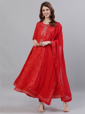 Ishin Women Embroidered Anarkali Kurta(Red)