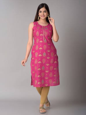 METRO-FASHION Women Printed Straight Kurta(Gold, Pink)