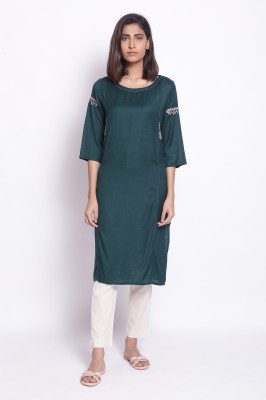 W Women Embroidered Straight Kurta(Dark Green)