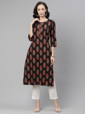 DIVENA Women Floral Print Straight Kurta(Black)