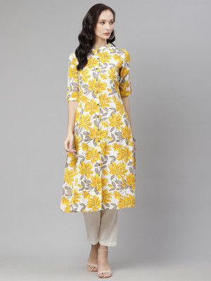 DIVENA Women Floral Print A-line Kurta(Yellow)