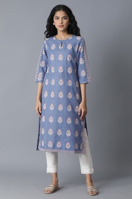 W Women Floral Print Straight Kurta(Blue)