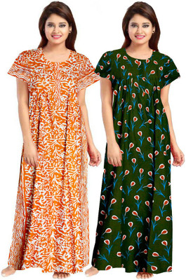 Trendy Fab Women Nighty Set(Dark Green, Orange)