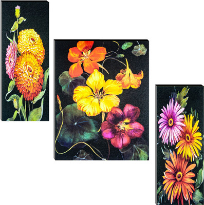 Indianara Set of 3 Multicolored Flowers MDF Art Painting (2951FL) without glass (4.5 X 12, 9 X 12, 4.5 X 12 INCH) Digital Reprint 12 inch x 18 inch Painting(With Frame, Pack of 3)