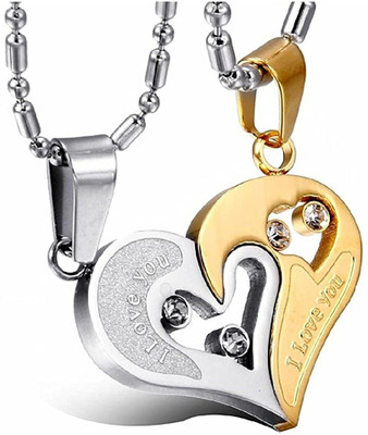 B R Jewels Valentine Special Golden-Silver Broken Two Half Heart Shape Love Pendant Locket Necklace Chain Jewellery for Lovers / Couples Copper Locket