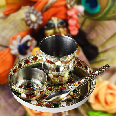 Rolimoli Laddu Gopal ji ke Bartan/Pooja thali Small 4 pcs set Multicolor Bhog Thali with Glass, Bowl and Spoon Stainless Steel(1 Pieces, Multicolor)