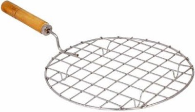 Mohprit Kitchenware Round Roaster Tandoor Barbeque Roti Chapati Toast Papad Pizza Chicken Etc. Jali Griller with Wooden Handle 9 Inch Round Rack Baking Steaming Roasting Tawaa Rack Set Stainless Steel Roster. 1 kg Roaster(Silver, Brown)