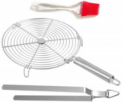 VKR universe Stainless Steel Circle Roaster Papad Jali with Wooden Handle for Pizza Chapati Barbecue Grill Jali 0.499 kg Roaster (Multicolor) Kitchen Tool Set(Roaster, Brush, Tong)