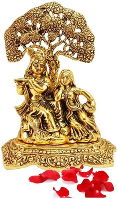 Indra Art Collection Metal Radha Krishna with Cow Sitting Under Tree Playing Flute / Radha Krishna Murti / Radha Krishna Cow Idol / Radha Krishna Statue for Puja & Home Decor Decorative Showpiece  -  18 cm(Metal, Gold)