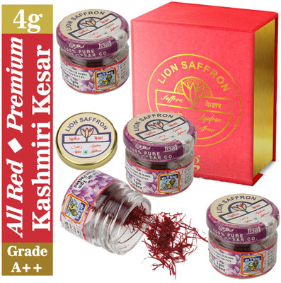LION SAFFRON Grade A++ Pure All Red Kashmiri Kesar Saffron - Mongra (Organic) | Natural and Certified High Quality Saffron 4gm(4 x 1 g)