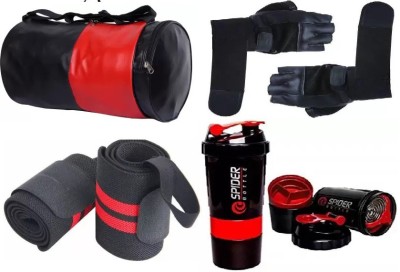 EMMKITZ (black&red) gym bag with spider bottle with wrist support & gym gloves Home Gym Kit Gym & Fitness Kit Fitness Accessory Kit Kit