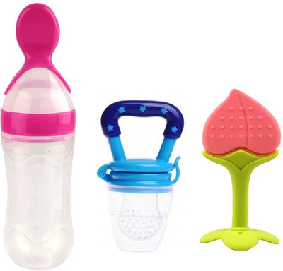Baby Hashtag Combo of Food Feeder & Baby Fruit Nibbler & Silicone Teether for Baby (Pink) Teether and Feeder(Pink & Blue)