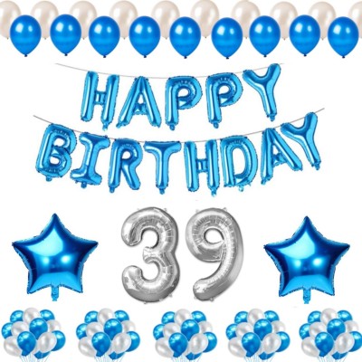 Prihit Solid 50 Pcs Metallic Balloons (Blue + White) + 39 Number Foil in Silver Color Balloon(Blue, White, Pack of 55)