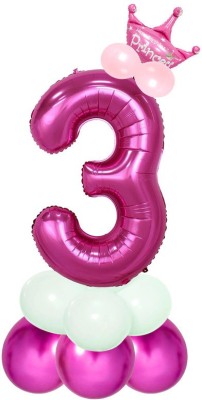 Shopperskart Solid Presents 3rd/Third Number Princess Foil Balloon Set for Birthday Party Decoration Balloon(Pink, Pack of 13)