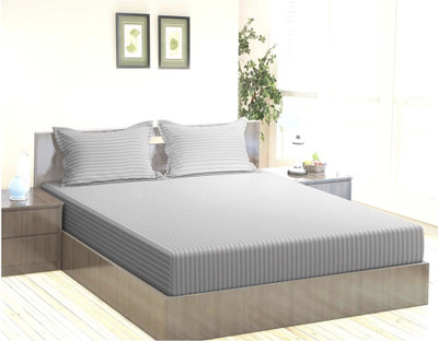 gbl impex Microfiber Double Fitted (Elastic) 144 TC Striped Bedsheet(Pack of 1, Silver)