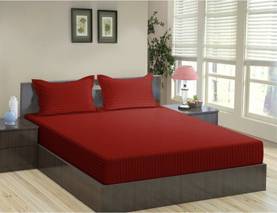 gbl impex 144 TC Cotton Double Striped Fitted (Elastic) Bedsheet(Pack of 1, Red)