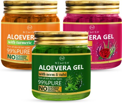 NEWISH Premium Rose Aloevera Gel, Turmeric Aloe Vera Face Gel And Neem Tulsi Facial Aloe Vera Gel Combo(600 g)