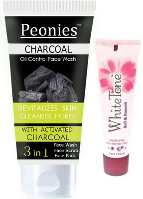 Peonies Charcoal 3 IN 1 Face Wash 100ML & White Tone Cream 25g(2 Items in the set)