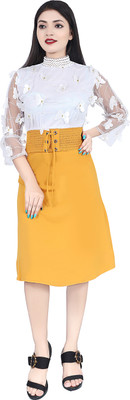 Bowden & Cahill Women Fit and Flare Yellow, White Knee Length Dress